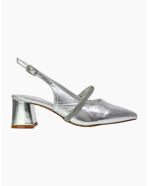 XY London White Ladies Sandie Diamante Pointed Medium Block Heel High Heels