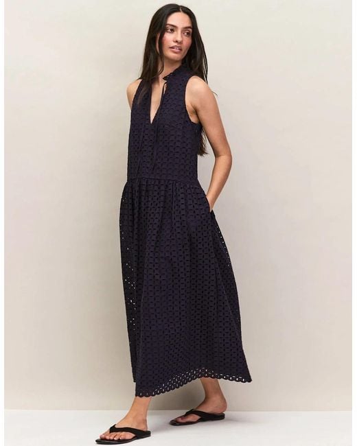 Ro&zo Blue Broderie Anglaise Cotton V-Neck Midi Dress