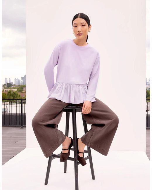 Ro&zo Purple Lilac Peplum-Hem Long-Sleeved Organic Cotton T-Shirt