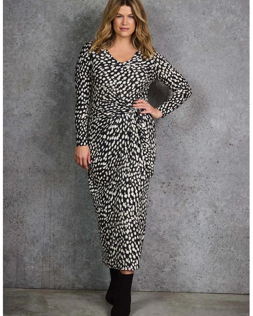 Live Unlimited London Gray Animal Print Tie Side Jersey Dress
