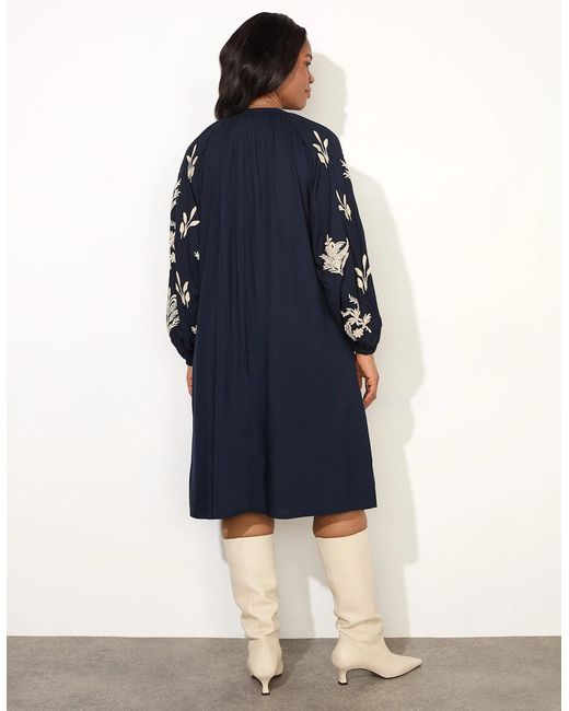 Live Unlimited London Blue Embroidered Sleeve Tie Neck Dress