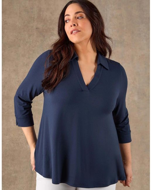 Live Unlimited London Blue 3/4 Sleeve Collared V-Neck Jersey Top