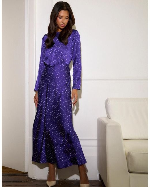 Gini London Blue Spot Long Sleeves Satin Midi Dress