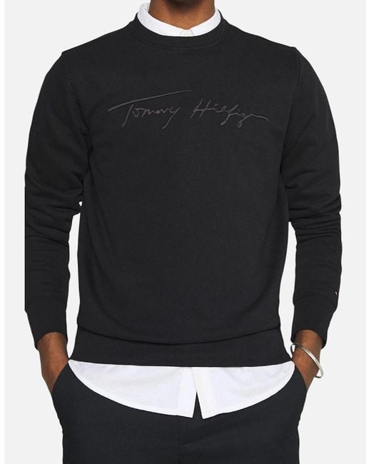 Tommy Hilfiger Black Sweatshirt Signature Embossed Logo Fleece Pullover Crew Neck for men
