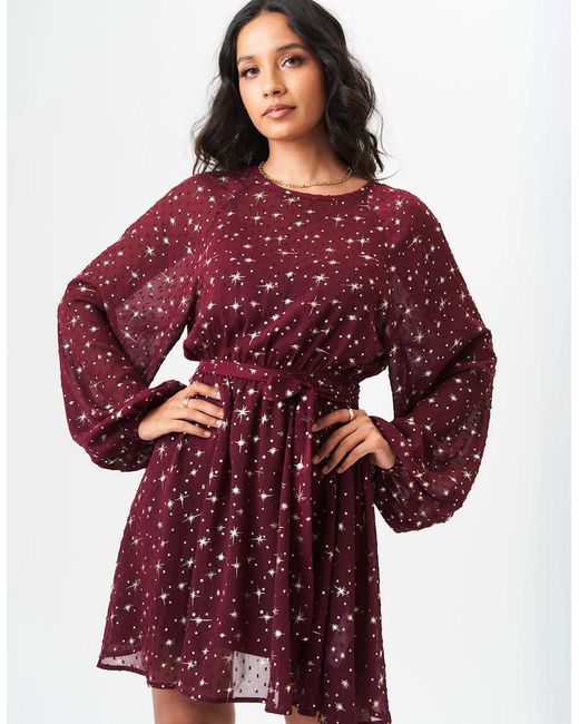 Gini London Red Burgundy Star Print Long Sleeve Mini Dress