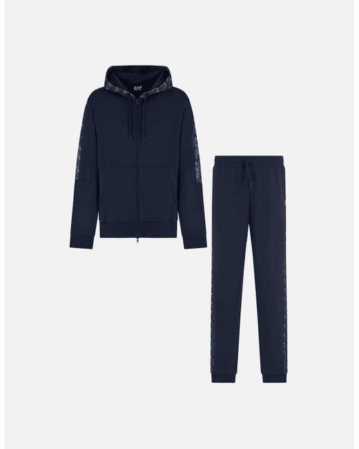 EA7 Blue Monogram Logo Hooded Tracksuit for men