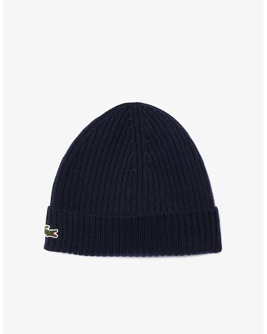 Lacoste Blue Rib Knit Brushed Wool Beanie for men