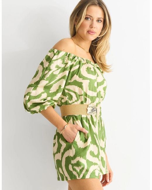 Gini London Yellow Abstract Belted Bardot Viscose Playsuit