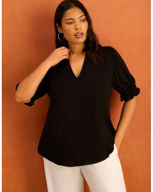 Live Unlimited London Black Jersey Shirred Sleeve V-Neck Top