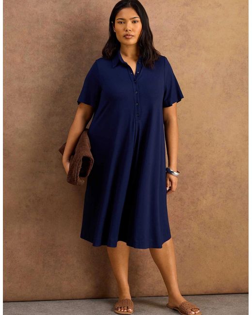 Live Unlimited London Blue Half Placket Jersey Midi Shirt Dress