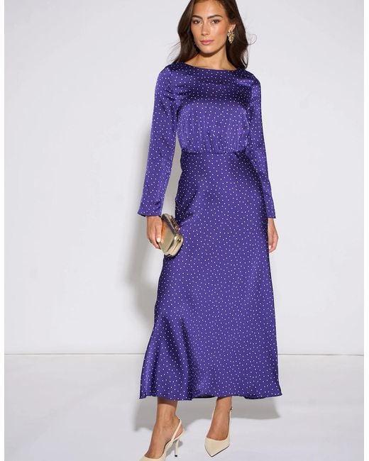Gini London Blue Spot Long Sleeves Satin Midi Dress