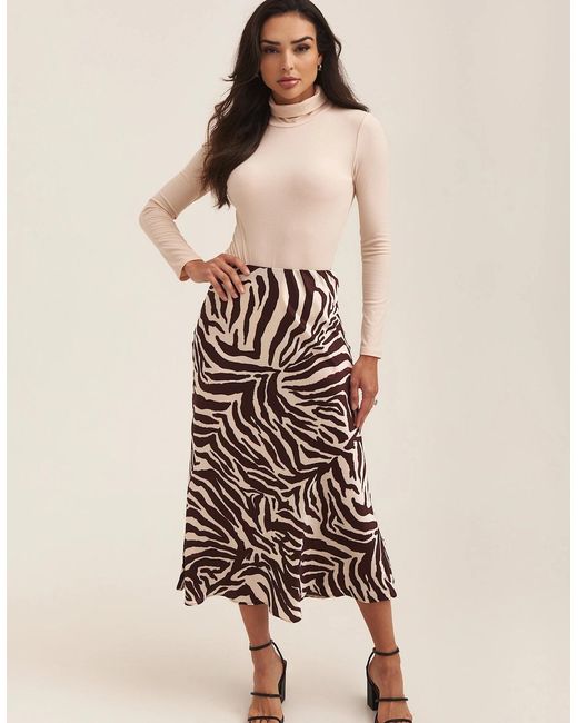 Gini London Natural Chocolate Animal Print Satin Bias Cut Midi Skirt