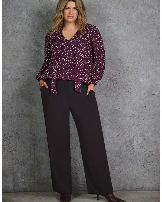 Live Unlimited London Purple Burgundy Spot Print Tie Neck Blouse