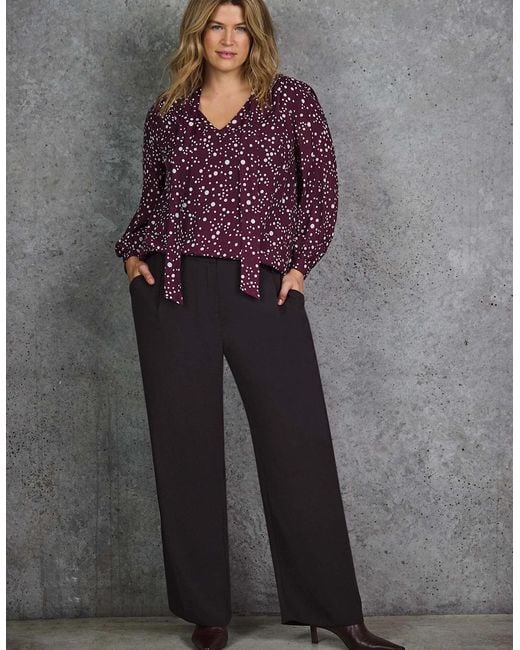 Live Unlimited London Purple Burgundy Spot Print Tie Neck Blouse