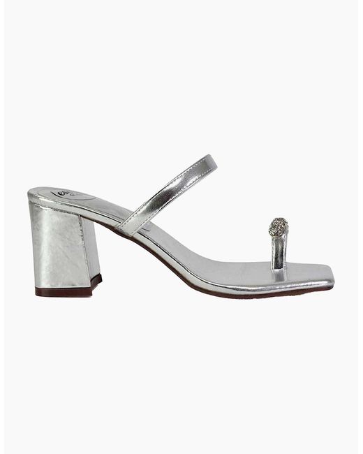 XY London White Ladies Daiquiri Diamante Double Strap Medium Block Heel Mule Sandals