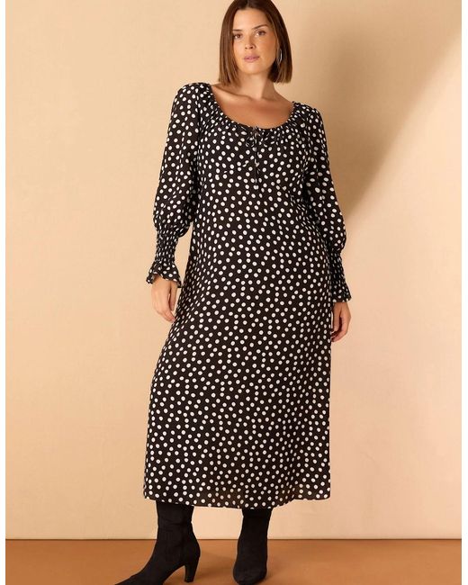 Live Unlimited London Black Spot Scoop Neck Shirred Sleeve Dress
