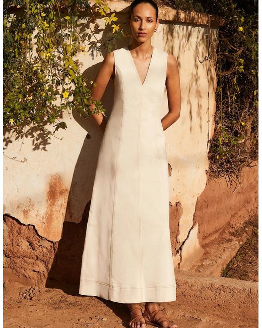 Ro&zo Brown Ecru V-Neck Denim Maxi Dress