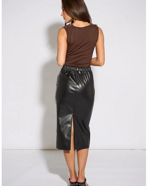Gini London Black Faux Leather Ruched Side Pencil Skirt