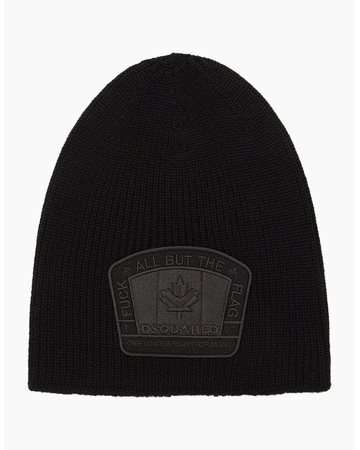 DSquared² Black Tonal Flag Beanie Hat for men