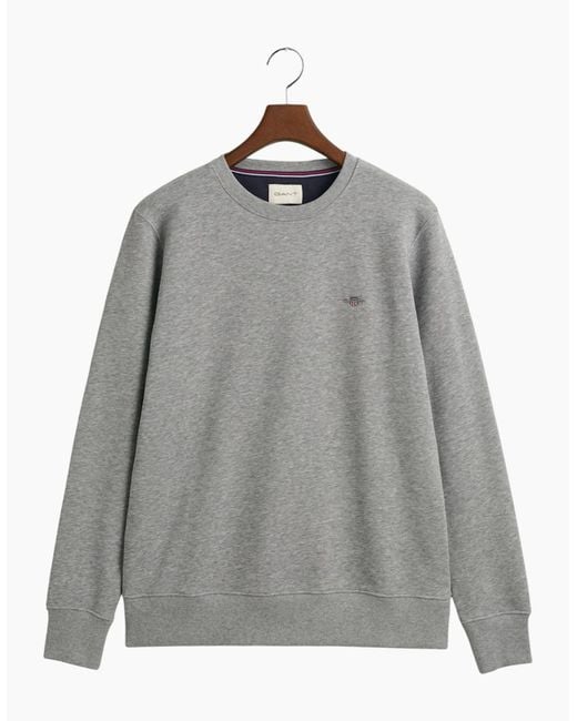 Gant Gray Shield Crew Neck Sweatshirt Pullover French Terry Graphic Embroidered for men