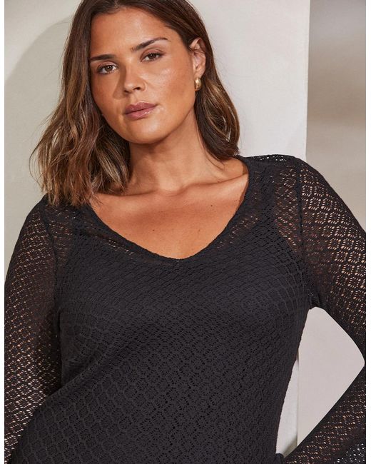 Live Unlimited London Black Crochet Bell Sleeve Midaxi Dress