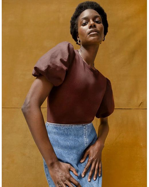 Ro&zo Brown Chocolate Pure Cotton Puff Sleeve T-Shirt