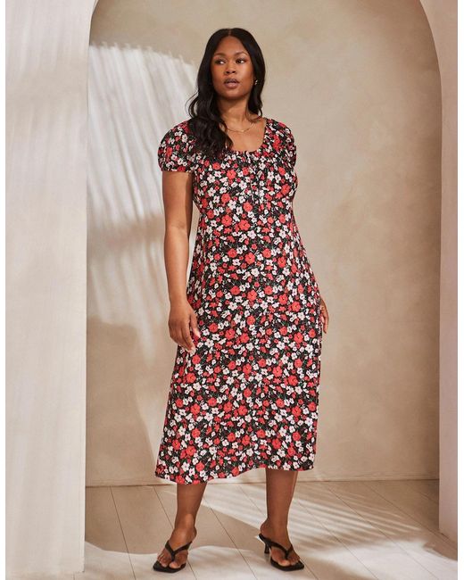 Live Unlimited London Pink Floral Gathered Neck Midi Dress