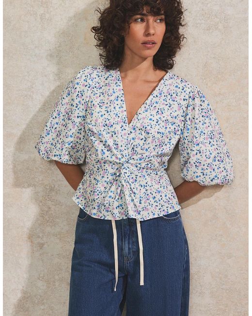 Ro&zo Blue Ivory Ditsy-Print Twist-Front Blouse