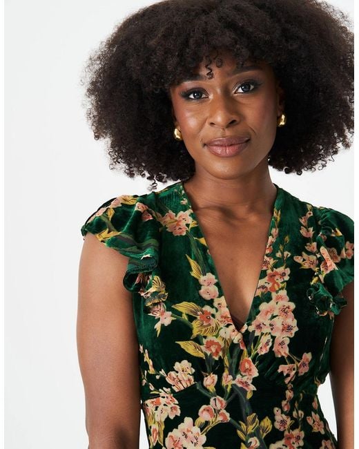 Gini London Green Floral Devore Ruffle V Neck Midaxi Dress