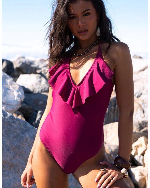 Gini London Purple Ruffle Front Halter Neck Swimsuit