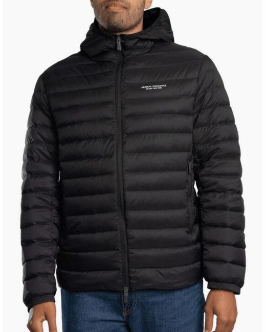 ARMANI EXCHANGE Black Full Zip Fine Padded Hooded Jacket for men
