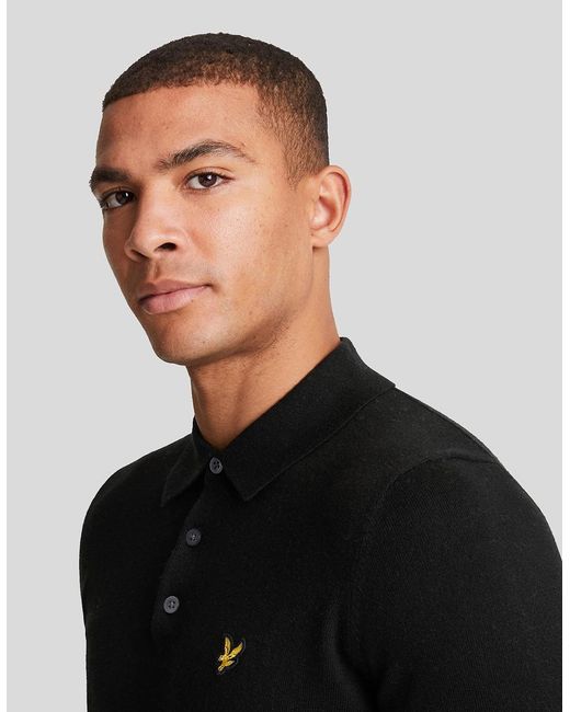 Lyle & Scott Black Merino Blend Long Sleeve Polo Shirt for men