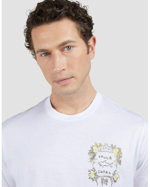 Paul & Shark White X-Soft Jersey T-Shirt With Capri Embroidery for men