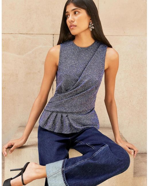 Ro&zo Blue Sparkle Drape-Front Top
