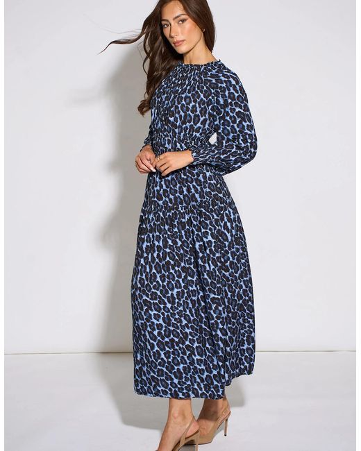 Gini London Blue Animal Print Shirred High Neck Maxi Dress