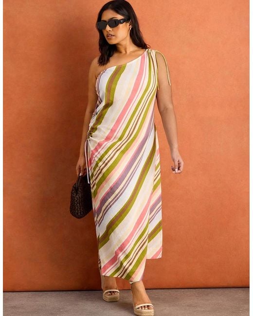 Live Unlimited London Brown Stripe One Shoulder Linen Blend Midaxi Dress