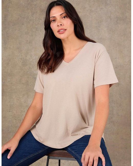 Live Unlimited London Natural Oatmeal Cotton Slub V Neck T-Shirt