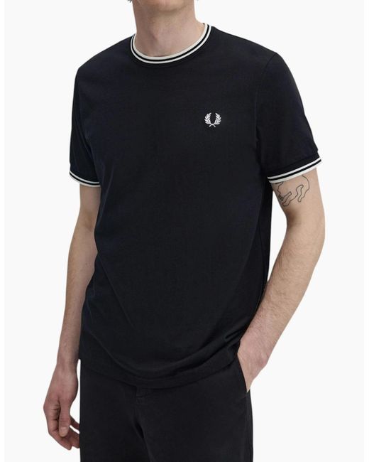 Fred Perry Black Twin Tipped T Shirt Crew Neck Short Sleeve Summer Tee for men