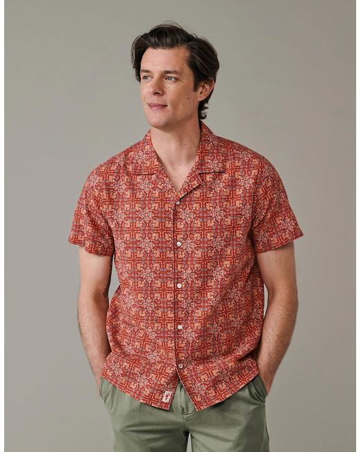 aubi Red Abbey Cuban Collar Short Sleeved Shirt for men