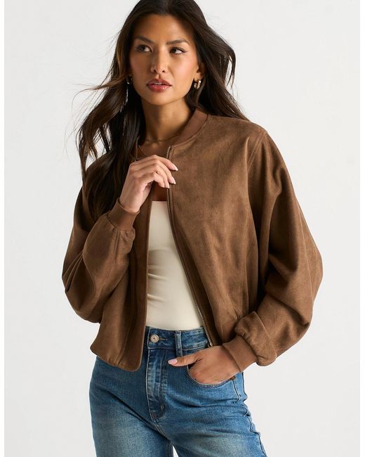 Gini London Brown Faux Suede Puff Ball Jacket
