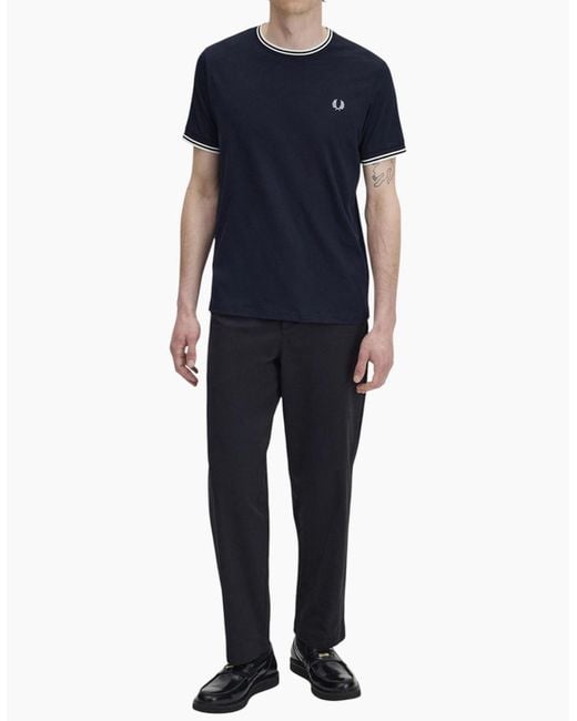 Fred Perry Blue Twin Tipped T Shirt Crew Neck Short Sleeve Summer Tee for men