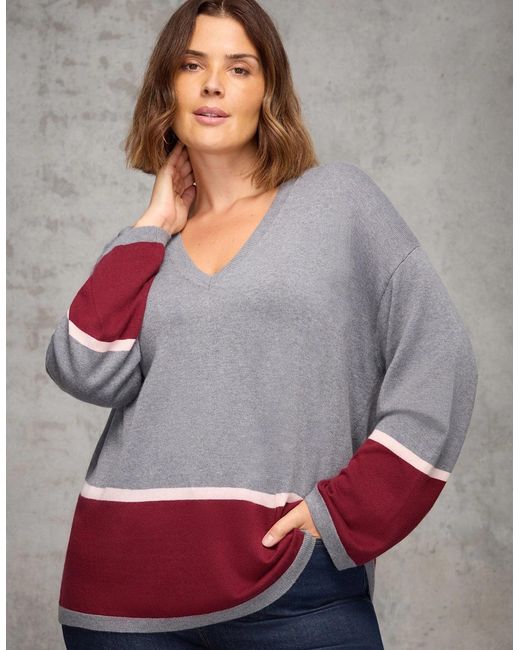 Live Unlimited London Gray Contrast Stripe V Neck Jumper