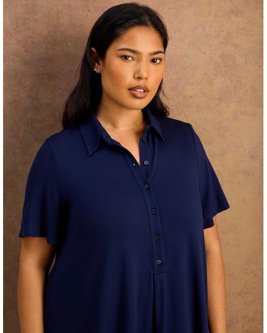 Live Unlimited London Blue Half Placket Jersey Midi Shirt Dress