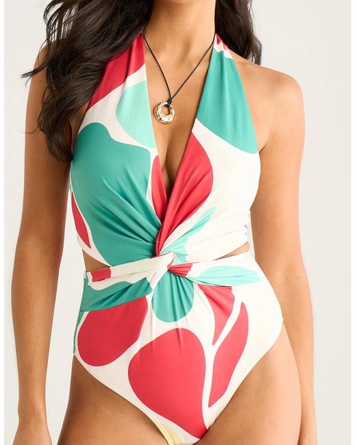 Gini London Red Multi Colour Twist Front Swimsuit