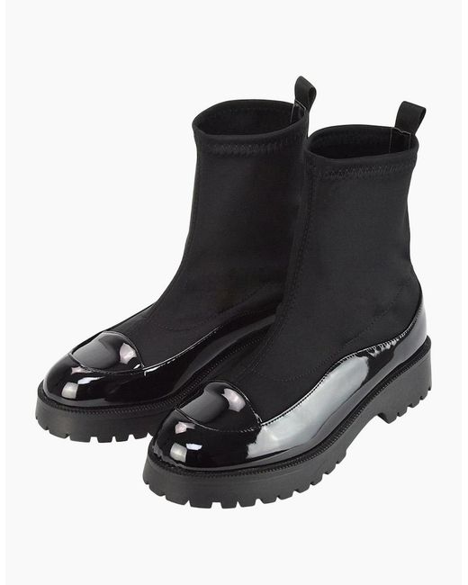 XY London Black Ladies Kerry Patent Chunky Flat Biker Boots