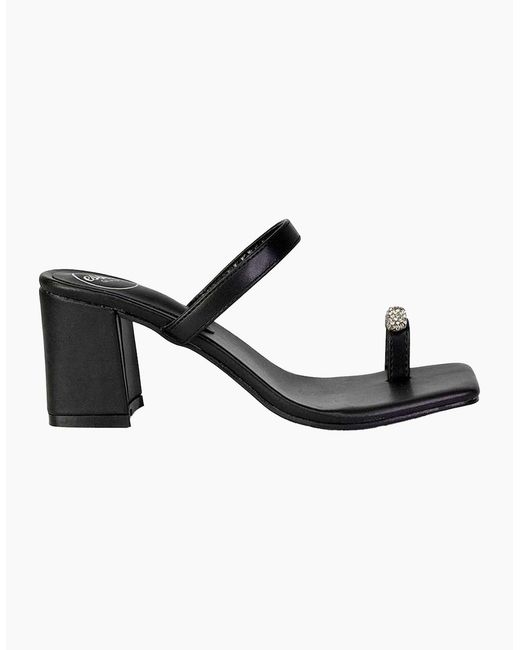 XY London Black Ladies Daiquiri Diamante Double Strap Medium Block Heel Mule Sandals