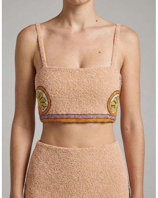 Oceanus Natural Melodie Co-Ord Hand Embroidered Crystal Top Peach