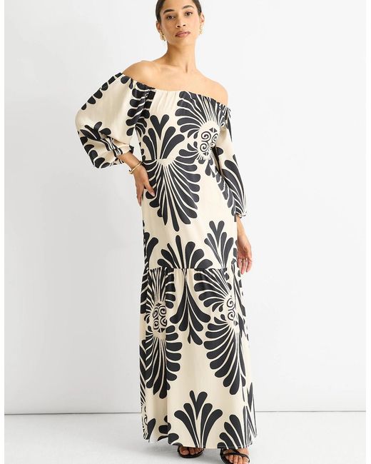 Gini London White Cream Bardot Mono Print Maxi Dress