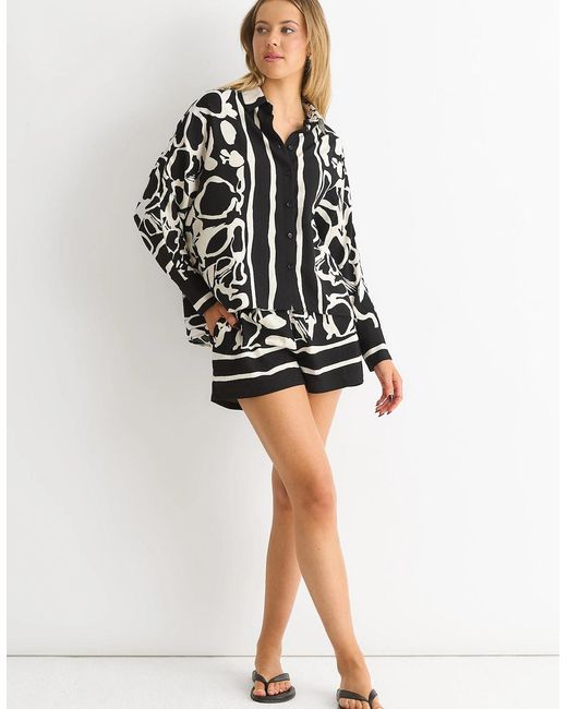 Gini London Gray Border Print Viscose Oversized Shirt