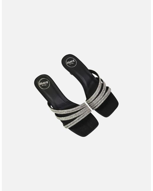 XY London Black Ladies Sparkle Diamante Square Toe Mule Sandals